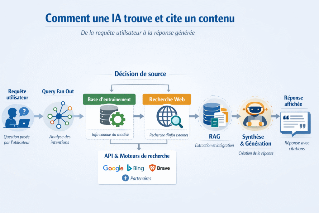 Schéma expliquant comment une intelligence artificielle analyse une requête utilisateur, décide entre base d’entraînement ou recherche web, interroge des moteurs comme Google, Bing et Brave, applique un processus RAG, synthétise l’information et génère une réponse avec citations.